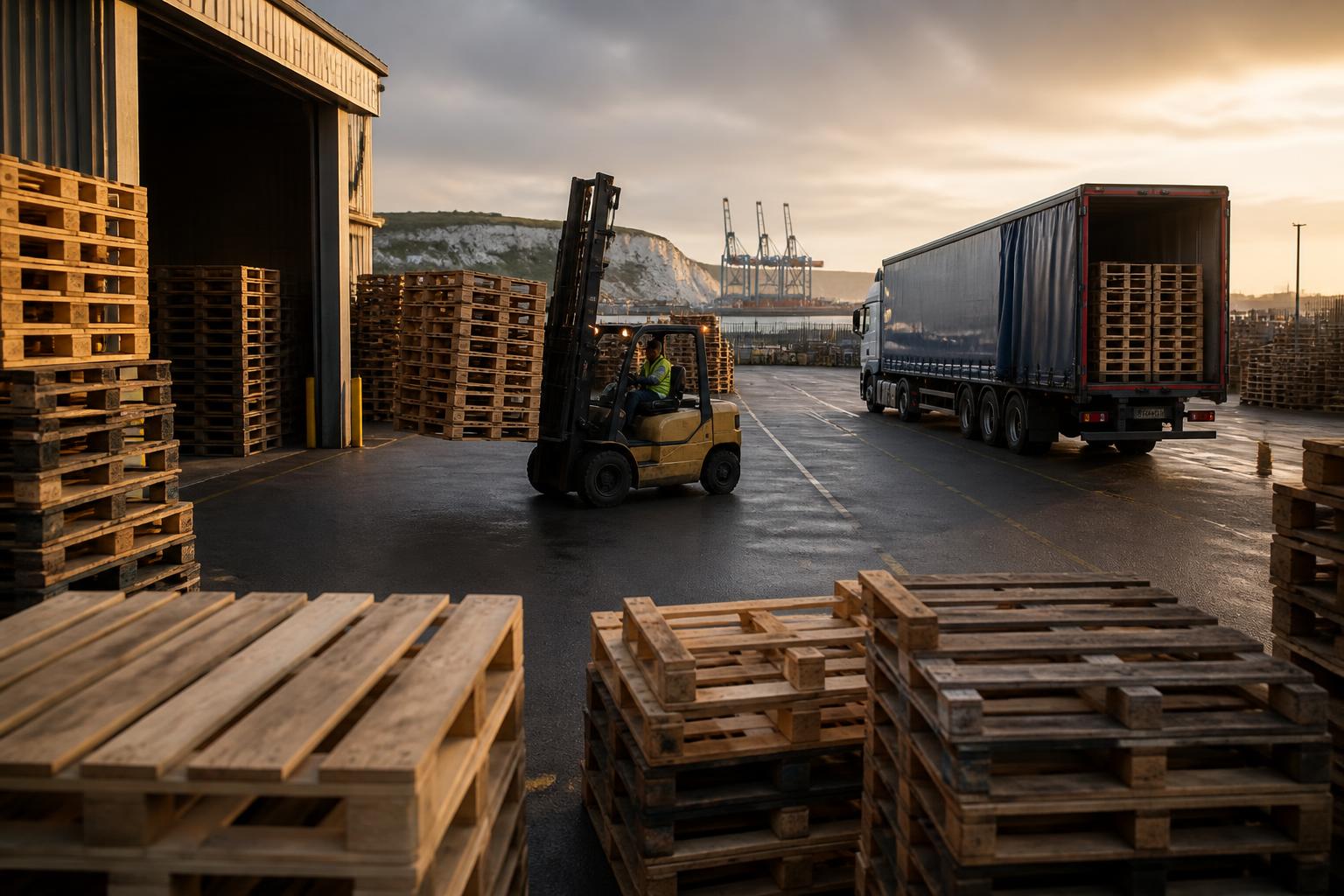 Stacks of timber pallets, a forklift and a curtainsider lorry in a South Coast pallet yard with port cranes behind