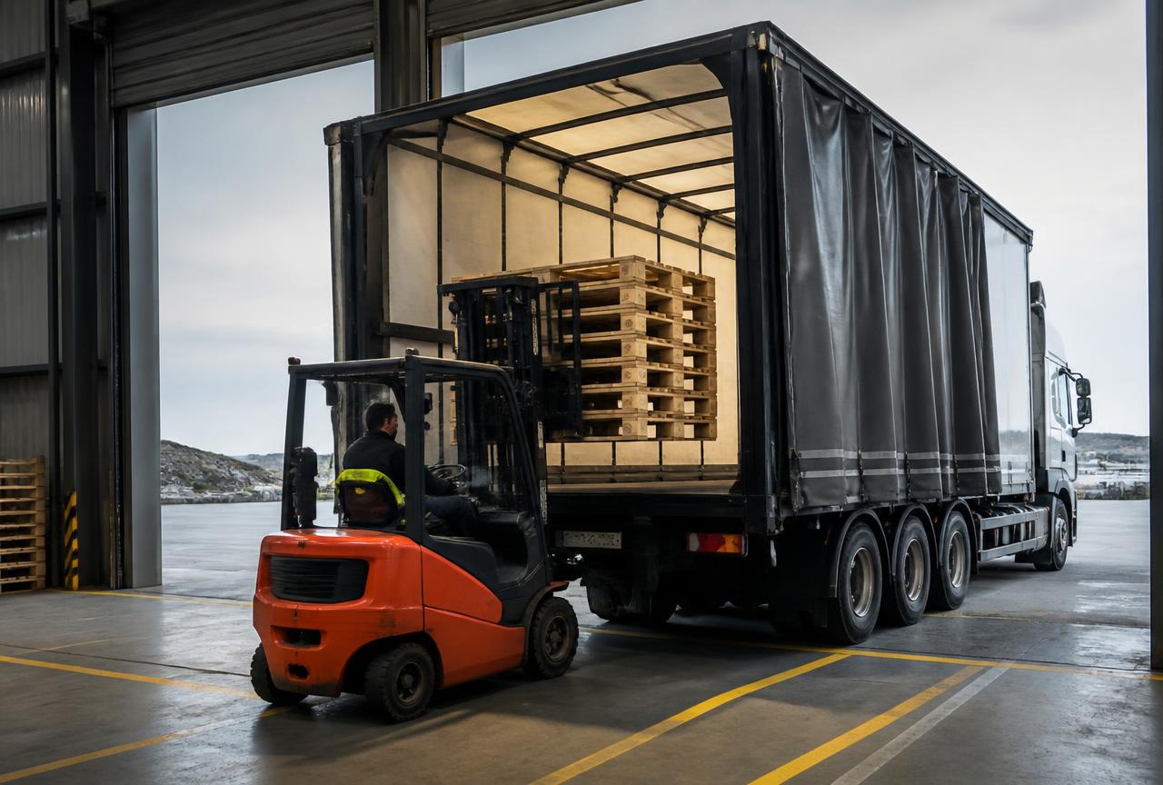 Forklift loading stacked timber pallets onto a curtainsider lorry at a loading bay