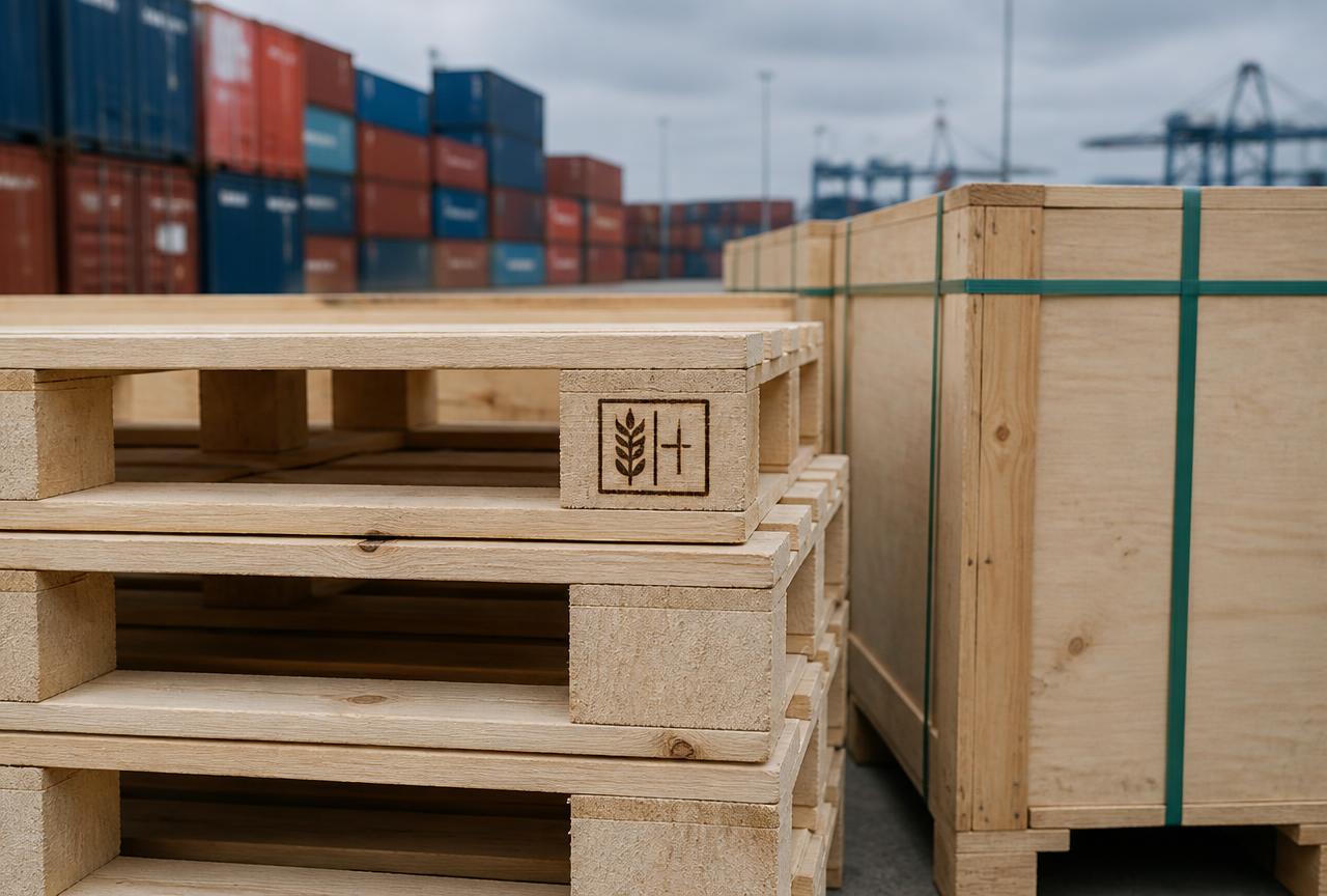 Heat-treated export pallets with treatment stamp beside a banded timber case at a port