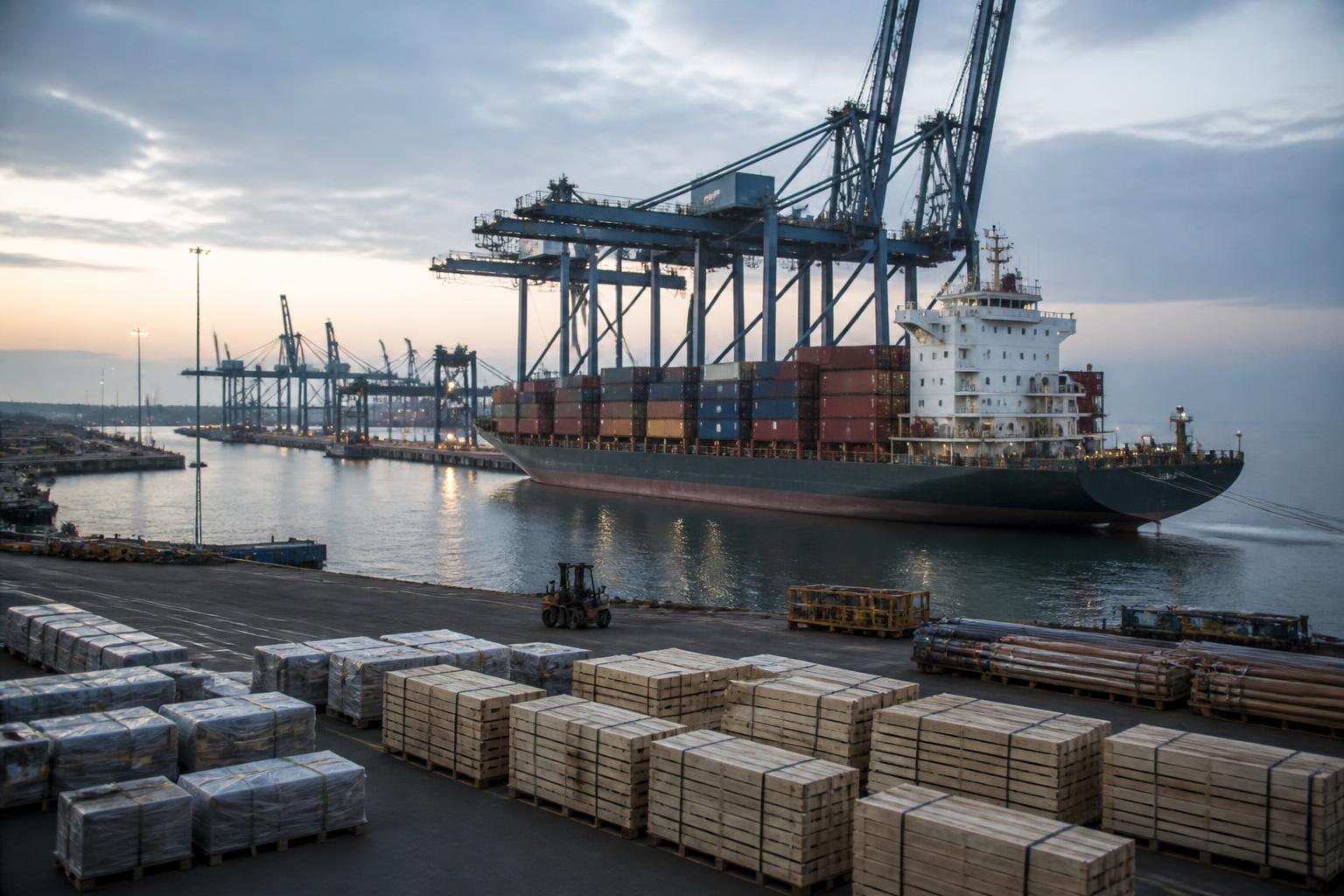 Container ship berthed at a South Coast port with palletised freight and timber export cases on the quay